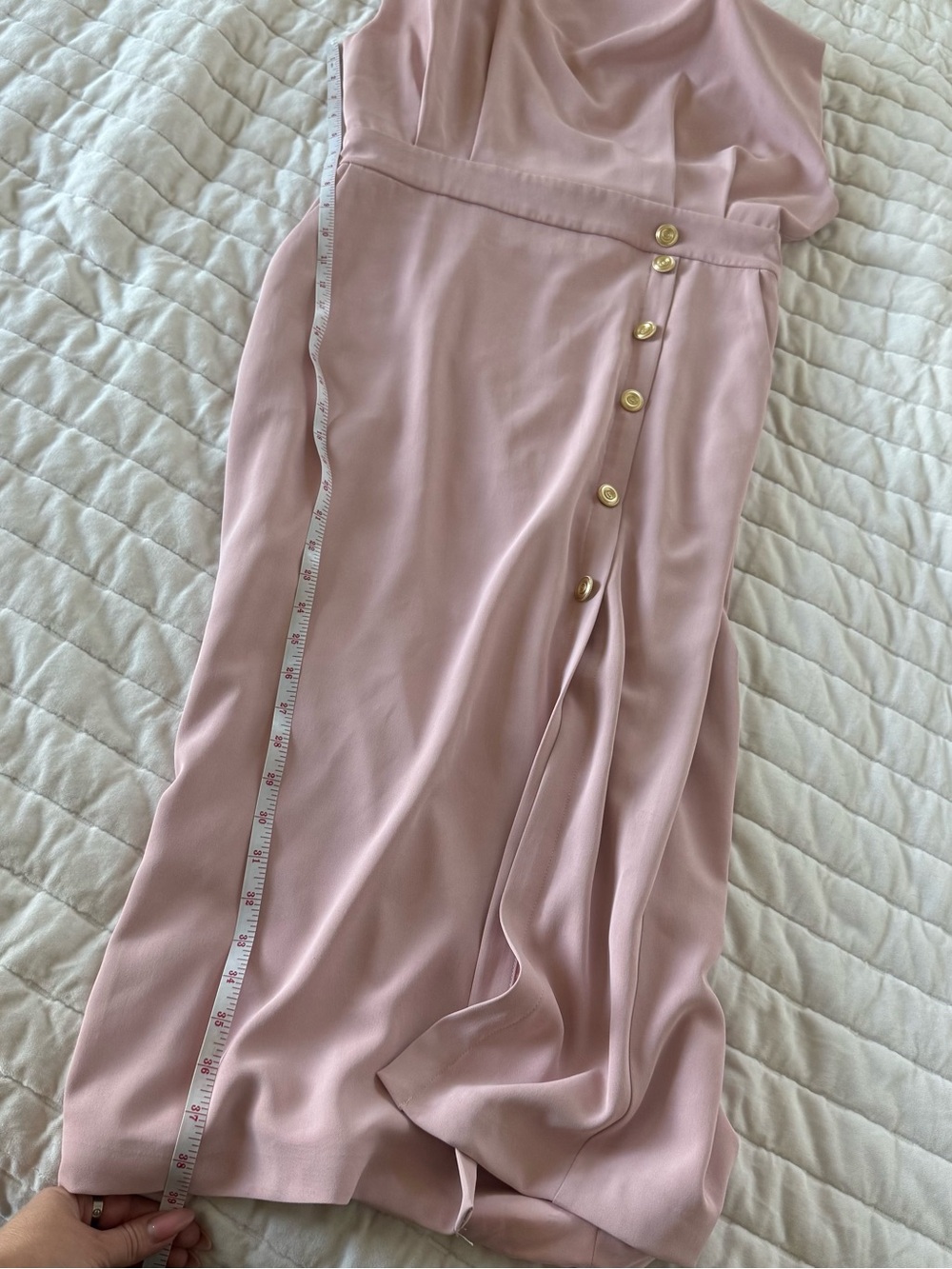 Fehaute pink sleeveless midi dress gold buttons slit shoulder pads pockets glam - Picture 9 of 9